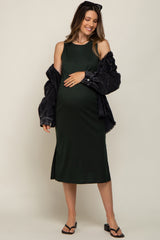 Forest Green Basic Ribbed Side Slit Maternity Midi Dress