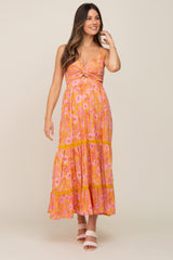 Yellow Floral Front Knot Cutout Crochet Trim Maternity Maxi Dress