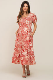 Rust Floral Tiered Maternity Midi Dress