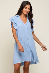 Light Blue Chambray Ruffle Sleeve Button Up Dress