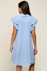 Light Blue Chambray Ruffle Sleeve Button Up Dress