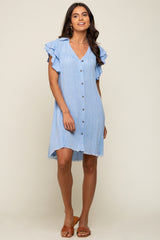 Light Blue Chambray Ruffle Sleeve Button Up Dress