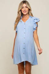 Light Blue Chambray Ruffle Sleeve Button Up Maternity Dress