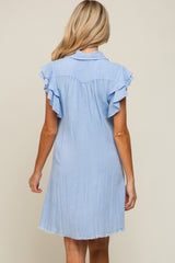 Light Blue Chambray Ruffle Sleeve Button Up Maternity Dress