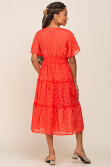 Coral Chiffon Animal Print Tiered Midi Dress