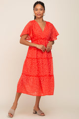 Coral Chiffon Animal Print Tiered Midi Dress