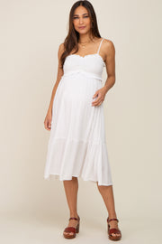 Ivory Smocked Ruffle Accent Maternity Midi Dress