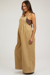 Beige Corduroy Front Pleated Wide Leg Maternity Overalls