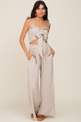 Beige Front Tie Crop Top and Pant Set