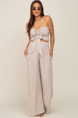 Beige Front Tie Crop Top and Pant Maternity Set