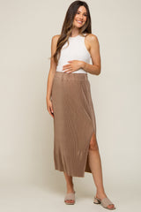 Mocha Pleated Side Slit Maternity Midi Skirt