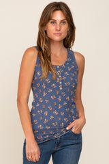 Blue Floral Ribbed Sleeveless Top