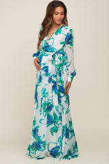 Blue Brush Stroke Print Chiffon Maternity Maxi Dress