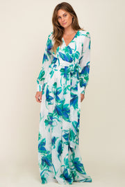 Blue Brush Stroke Print Chiffon Maxi Dress