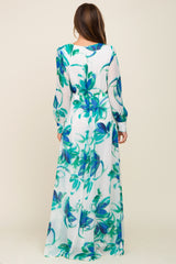 Blue Brush Stroke Print Chiffon Maxi Dress