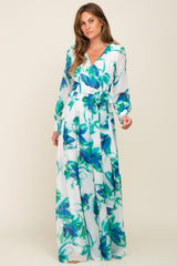 Blue Brush Stroke Print Chiffon Maxi Dress