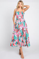 Turquoise Leaf Print Button Accent Maxi Dress