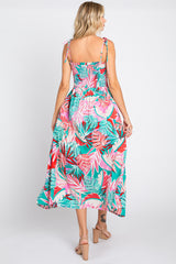 Turquoise Leaf Print Button Accent Maxi Dress