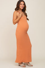 Orange Sleeveless Ribbed Maternity Maxi Dress