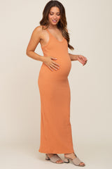 Orange Sleeveless Ribbed Maternity Maxi Dress