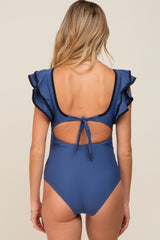 Blue Color Blocked Ruffle Shoulder Cutout Back Maternity One Piece Swimsuit