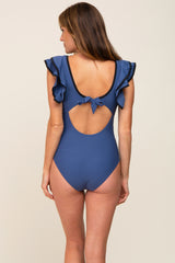 Blue Color Blocked Ruffle Shoulder Cutout Back One Piece Swimsuit