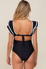 Black Color Blocked Ruffle Shoulder Cutout Back Maternity One Piece Swimsuit