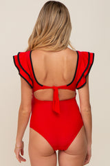 Red Color Blocked Ruffle Shoulder Cutout Back Maternity One Piece Swimsuit