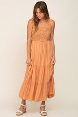 Peach Crochet Tiered Midi Dress