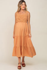 Peach Crochet Tiered Maternity Midi Dress