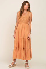 Peach Crochet Tiered Maternity Midi Dress