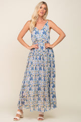 Blue Floral Chiffon Sleeveless Maxi Dress