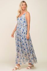 Blue Floral Chiffon Sleeveless Maxi Dress