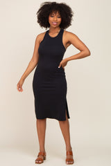 Black Ribbed Side Slit Midi Dress