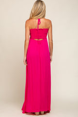 Fuchsia Smocked Halter Maternity Maxi Dress