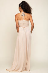 Beige Smocked Halter Maxi Dress