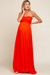 Orange Smocked Halter Maternity Maxi Dress