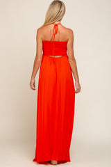 Orange Smocked Halter Maternity Maxi Dress