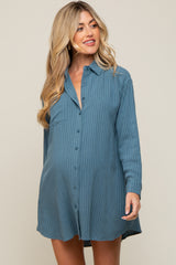 Teal Pinstriped Button-Down Linen Maternity Dress