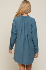 Teal Pinstriped Button-Down Linen Maternity Dress