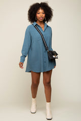 Teal Pinstriped Button-Down Linen Dress