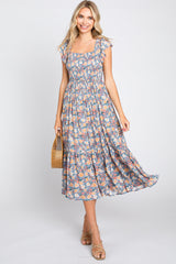 Blue Floral Off Shoulder Smocked Midi Dress