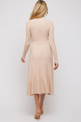 Beige Rib Knit Mock Neck A-Line Maternity Dress