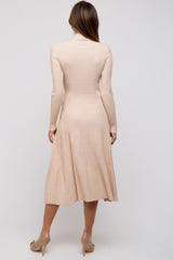 Beige Rib Knit Mock Neck A-Line Dress