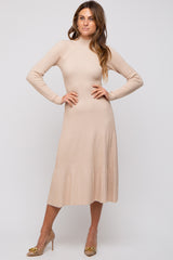 Beige Rib Knit Mock Neck A-Line Dress