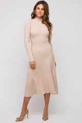 Beige Rib Knit Mock Neck A-Line Maternity Dress