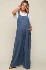 Blue Corduroy Front Pleated Wide Leg Maternity Overalls