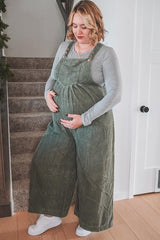 Olive Corduroy Front Pleated Wide Leg Maternity Overalls