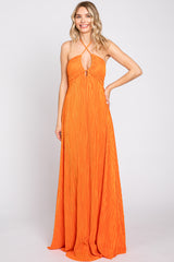 Orange Plisse Halter Back Tie Maternity Maxi Dress