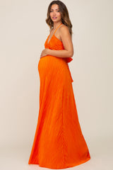 Orange Plisse Halter Back Tie Maternity Maxi Dress